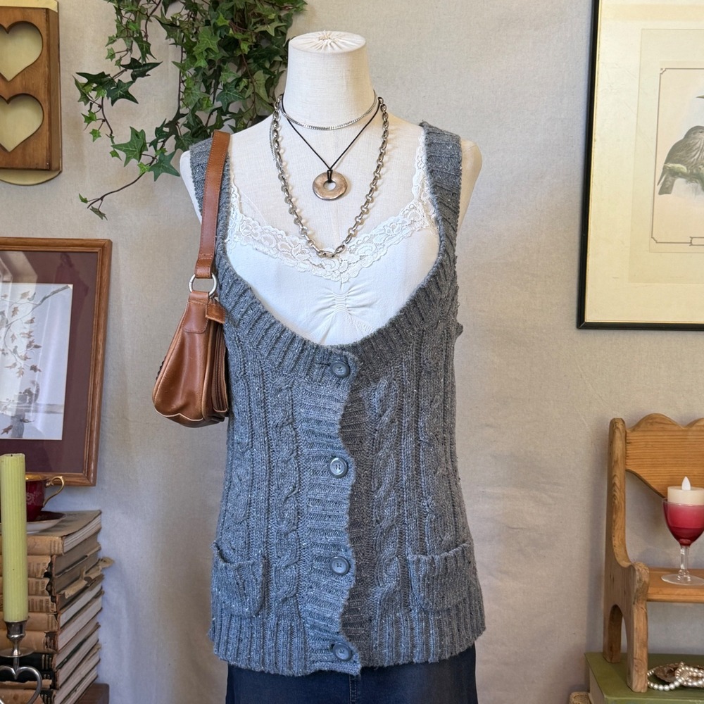 Gray Cable Knit Acrylic Vest Layering Sweater Top Racerback Whimsy Twee XL